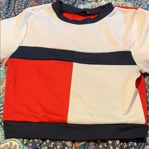 red blue and white pants set